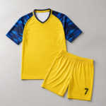 Yellow Blue Printed Sleeve Complete Mens Soccer Uniform - Image 2