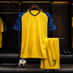 Yellow Blue Printed Sleeve Complete Mens Soccer Uniform - Image 3
