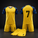 Yellow Blue Printed Sleeve Complete Mens Soccer Uniform - Image 4
