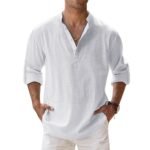 White Henley Collar Roll-Up Sleeve Men Linen Blend Shirt