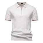 White Quarter Zip Knit Short Sleeve Polo Shirt