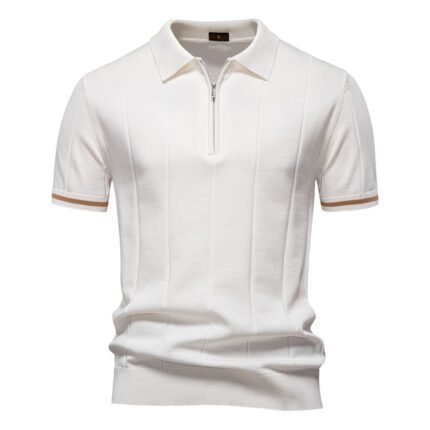 White Quarter Zip Knit Short Sleeve Polo Shirt