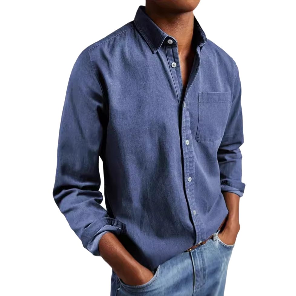 2-3.jpg Blue Washed Long Sleeve Button Down Shirt For Men - Image 1