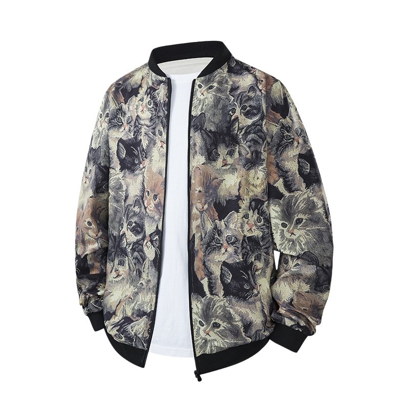 2-5.jpg Vintage Cat Print Zip Up Mens Bomber Jacket - Image 1