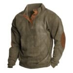 Olive Ribbed Henley Collar Elbow Patch Men Sweatshirt