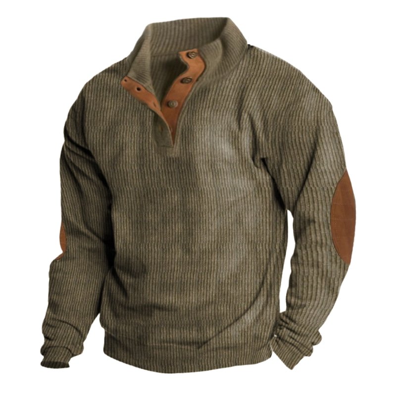 2-6.jpg Olive Ribbed Henley Collar Elbow Patch Men Sweatshirt - Image 1