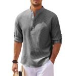 Grey Stripe Mandarin Collar Henley Roll Sleeve Men Shirt