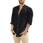 Men Black Stand Collar Long Sleeve Linen Shirt