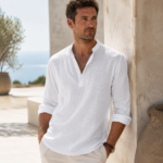 White Henley Collar Roll-Up Sleeve Men Linen Blend Shirt - Image 2