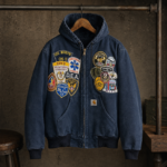 Vintage Washed Navy Patchwork Hooded Work Jacket - Image 4
