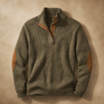 Olive Ribbed Henley Collar Elbow Patch Men Sweatshirt - Image 2