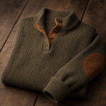 Olive Ribbed Henley Collar Elbow Patch Men Sweatshirt - Image 3
