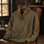 Olive Ribbed Henley Collar Elbow Patch Men Sweatshirt - Image 4