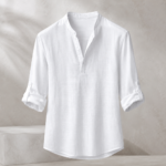 White Henley Collar Roll-Up Sleeve Men Linen Blend Shirt - Image 3