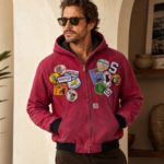 Red Hooded Work Jacket Multi-Patch Embellished - Image 3