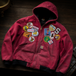 Red Hooded Work Jacket Multi-Patch Embellished - Image 4