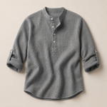 Grey Stripe Mandarin Collar Henley Roll Sleeve Men Shirt - Image 2