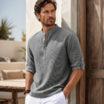 Grey Stripe Mandarin Collar Henley Roll Sleeve Men Shirt - Image 3