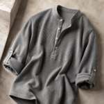 Grey Stripe Mandarin Collar Henley Roll Sleeve Men Shirt - Image 4