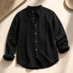 Men Black Stand Collar Long Sleeve Linen Shirt - Image 2