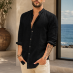 Men Black Stand Collar Long Sleeve Linen Shirt - Image 3