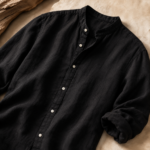 Men Black Stand Collar Long Sleeve Linen Shirt - Image 4