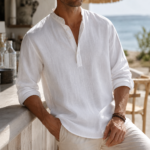 White Henley Collar Roll-Up Sleeve Men Linen Blend Shirt - Image 4