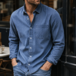 Blue Washed Long Sleeve Button Down Shirt For Men - Image 4