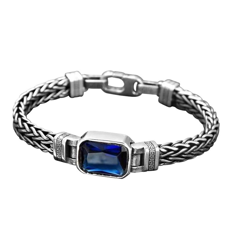 3-4.jpg Vintage Braided Metal Bracelet With Blue Rectangular Gem - Image 1