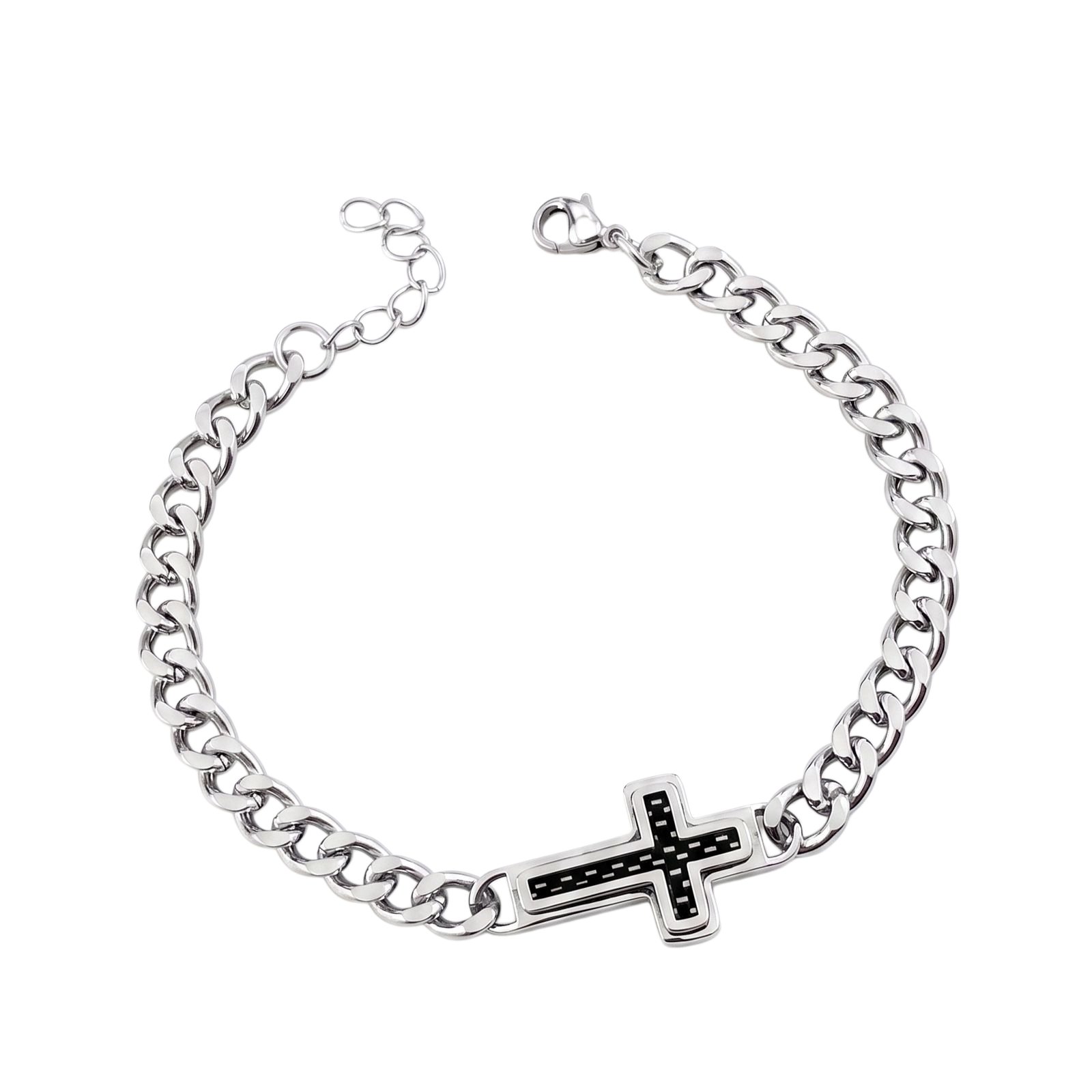 3-7.jpg Silver Curb Chain Cross Charm Bracelet - Image 1