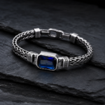 Vintage Braided Metal Bracelet With Blue Rectangular Gem - Image 2