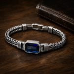 Vintage Braided Metal Bracelet With Blue Rectangular Gem - Image 3