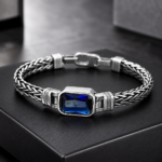 Vintage Braided Metal Bracelet With Blue Rectangular Gem - Image 4