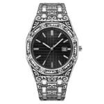 Vintage Carved Metal Band Grid Dial Men’S Wrist Watch
