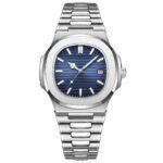 Silver Steel Bracelet Blue Dial Men Wrist Watch