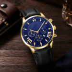 Gold Case Blue Dial Moon-Phase Men’s Wrist Watch - Image 4