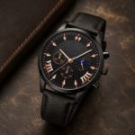 Black Case Moon-Phase Rose Gold Accent Men’s Watch - Image 2