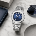 Silver Steel Bracelet Blue Dial Men Wrist Watch - Image 4