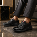 Black Patent Mesh Lace-Up Chunky Casual Sneakers For Men - Image 4