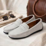 Light Beige Suede Slip-On Penny Loafers For Men - Image 4