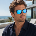 Black Frame Blue Mirror Lens Square Sunglasses For Men - Image 4