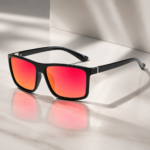 Black Frame Red Orange Mirror Lens Square Sunglasses For Men - Image 2