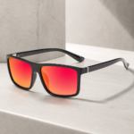 Black Frame Red Orange Mirror Lens Square Sunglasses For Men - Image 4