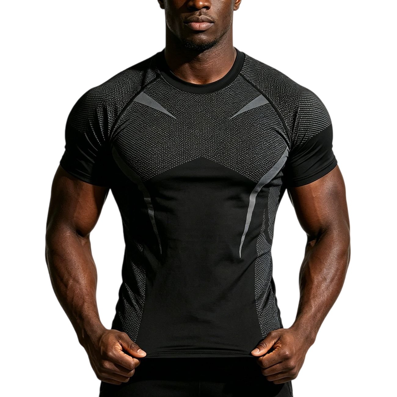 8-9.jpg Men Black Geometric Panel Short Sleeve Compression Shirt - Image 1