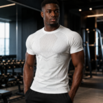 White Geometric Print Short Sleeve Men Compression Workout T-Shirt - Image 3