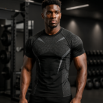 Men Black Geometric Panel Short Sleeve Compression Shirt - Image 2