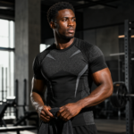 Men Black Geometric Panel Short Sleeve Compression Shirt - Image 4