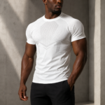 White Geometric Print Short Sleeve Men Compression Workout T-Shirt - Image 4
