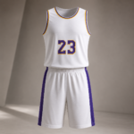 White Purple Gold Trim Complete Mens Basketball Uniform - Image 2