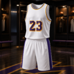 White Purple Gold Trim Complete Mens Basketball Uniform - Image 3